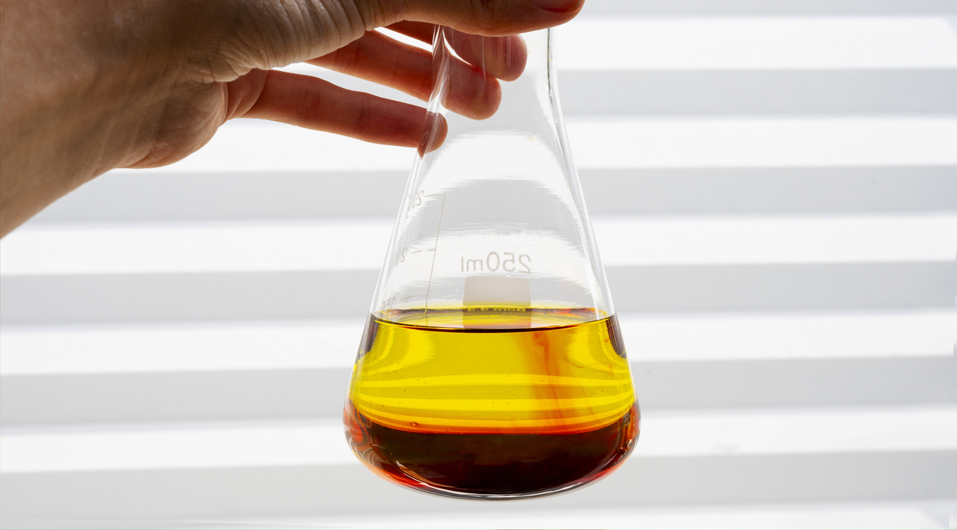 Laboratory flask with layered amber liquid representing distilled fatty acid ingredients