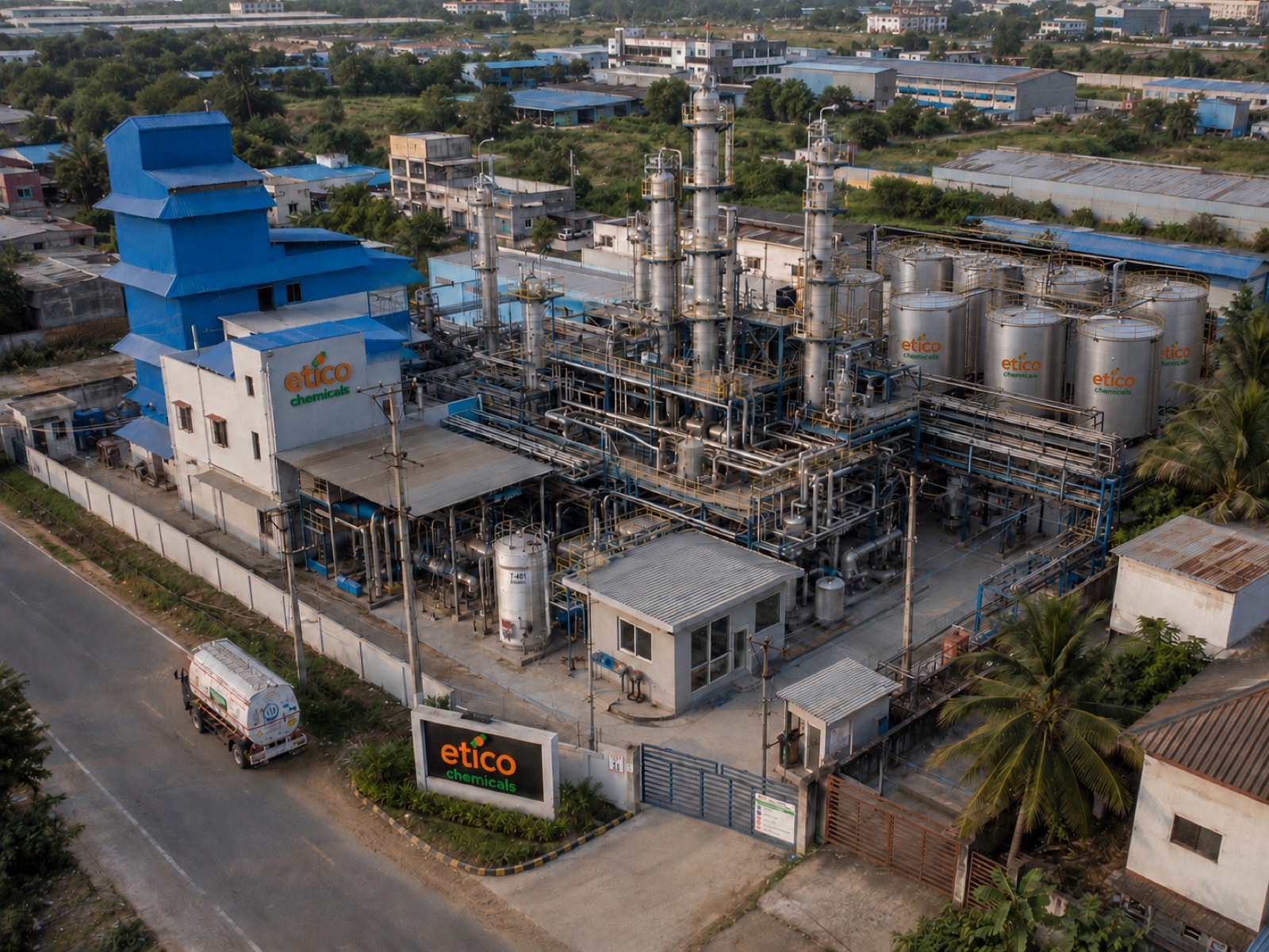 Aerial view of the Etico Chemicals manufacturing plant in Hyderabad