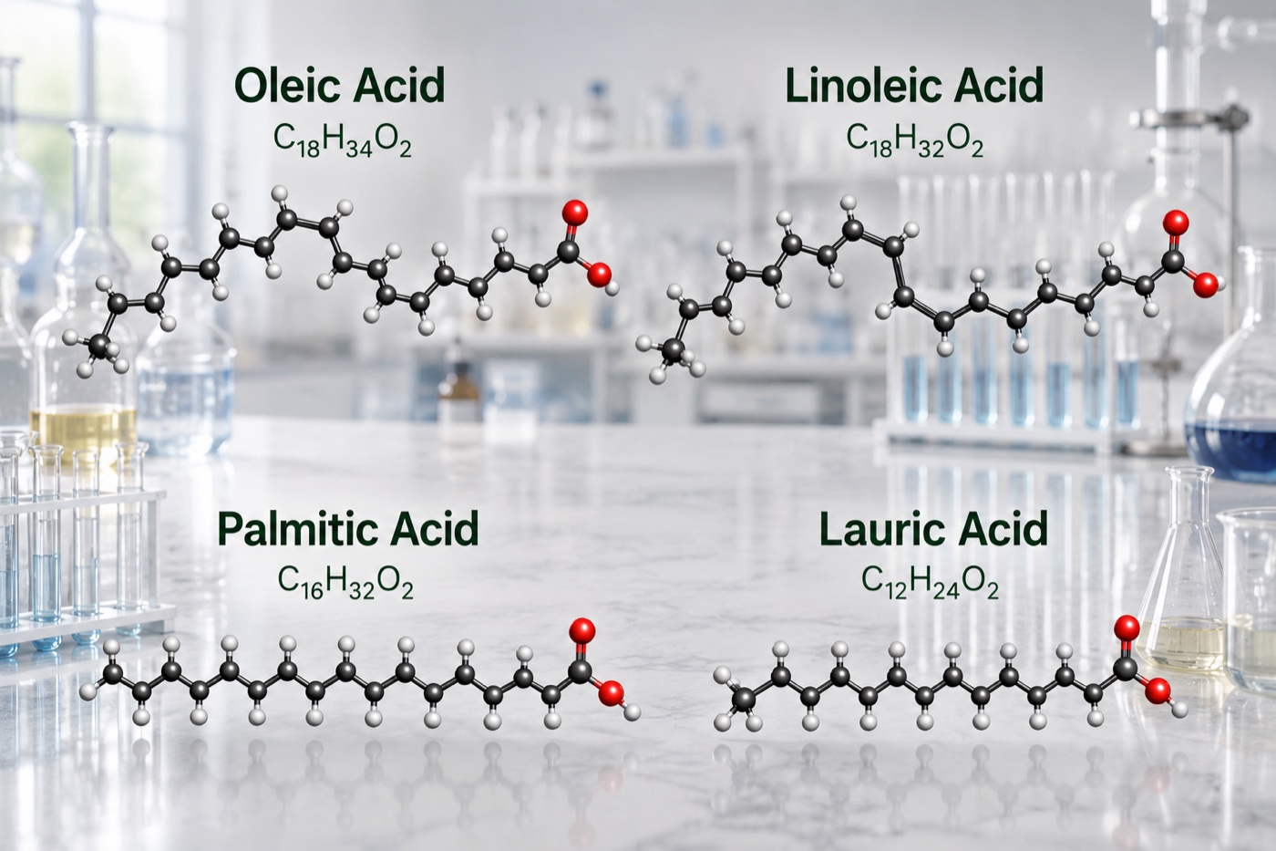 Molecular structures of oleic, linoleic, palmitic, and lauric fatty acids with formulas