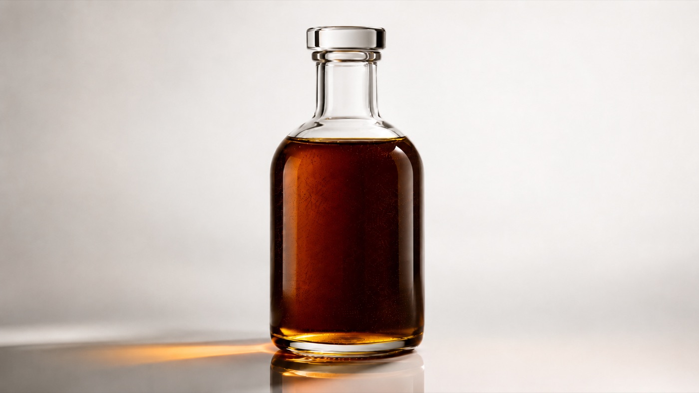Amber residue oil sample in a glass bottle representing residue oil and vegetable pitch